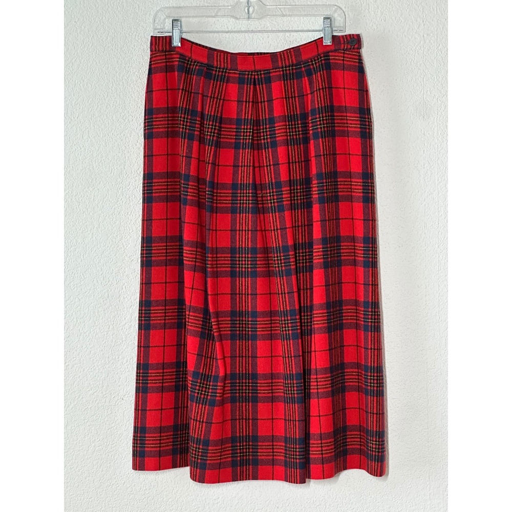 Pendleton Vintage Red Leslie Tartan Plaid Wool Midi Skirt 14 USA Made High Waist